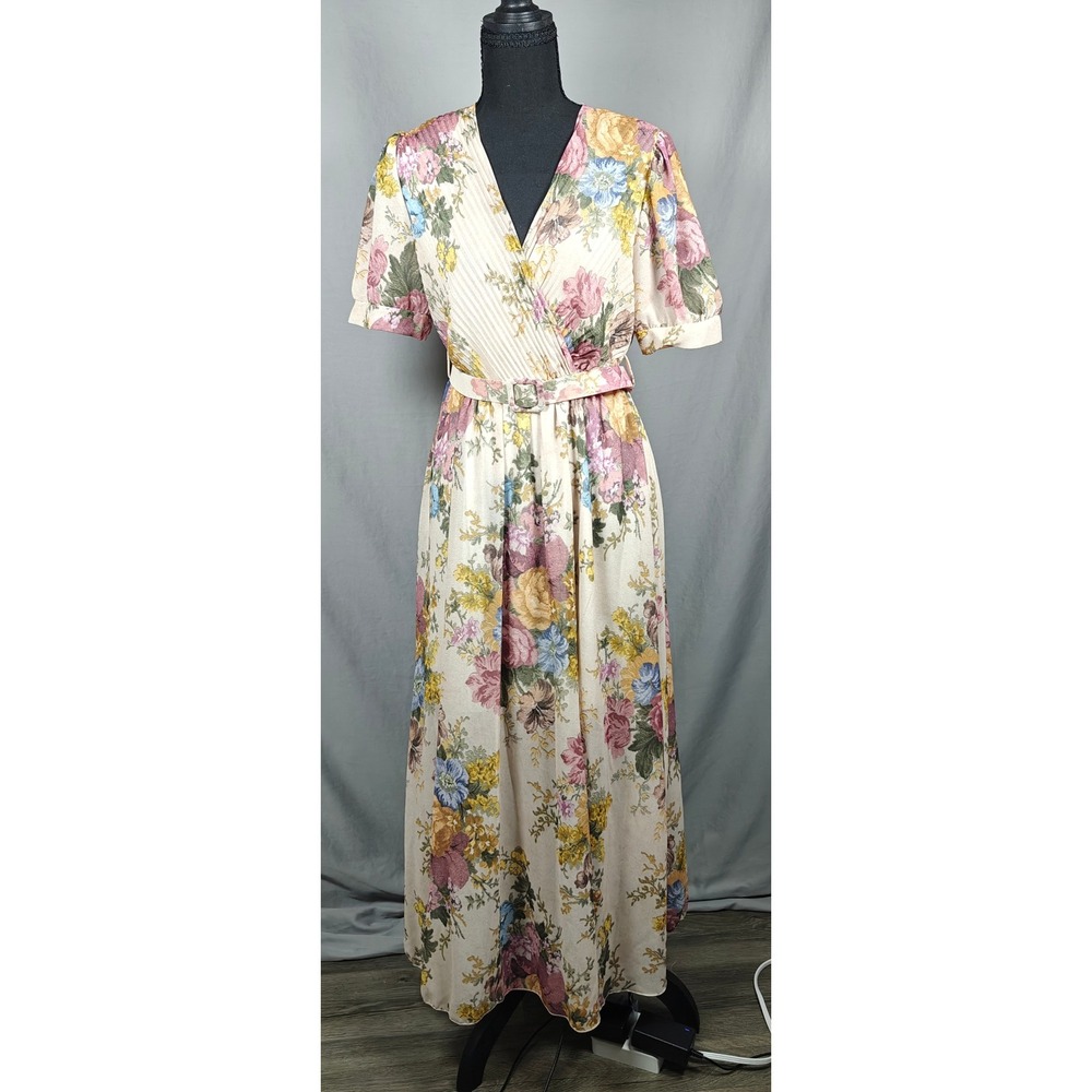 Charlotte Italian Floral Pleated Maxi Dress Pink Yellow Blue Small Made in Italy